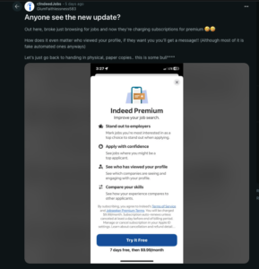 Reddit user disses on Indeed Premium. The service that charges jobseekers.
